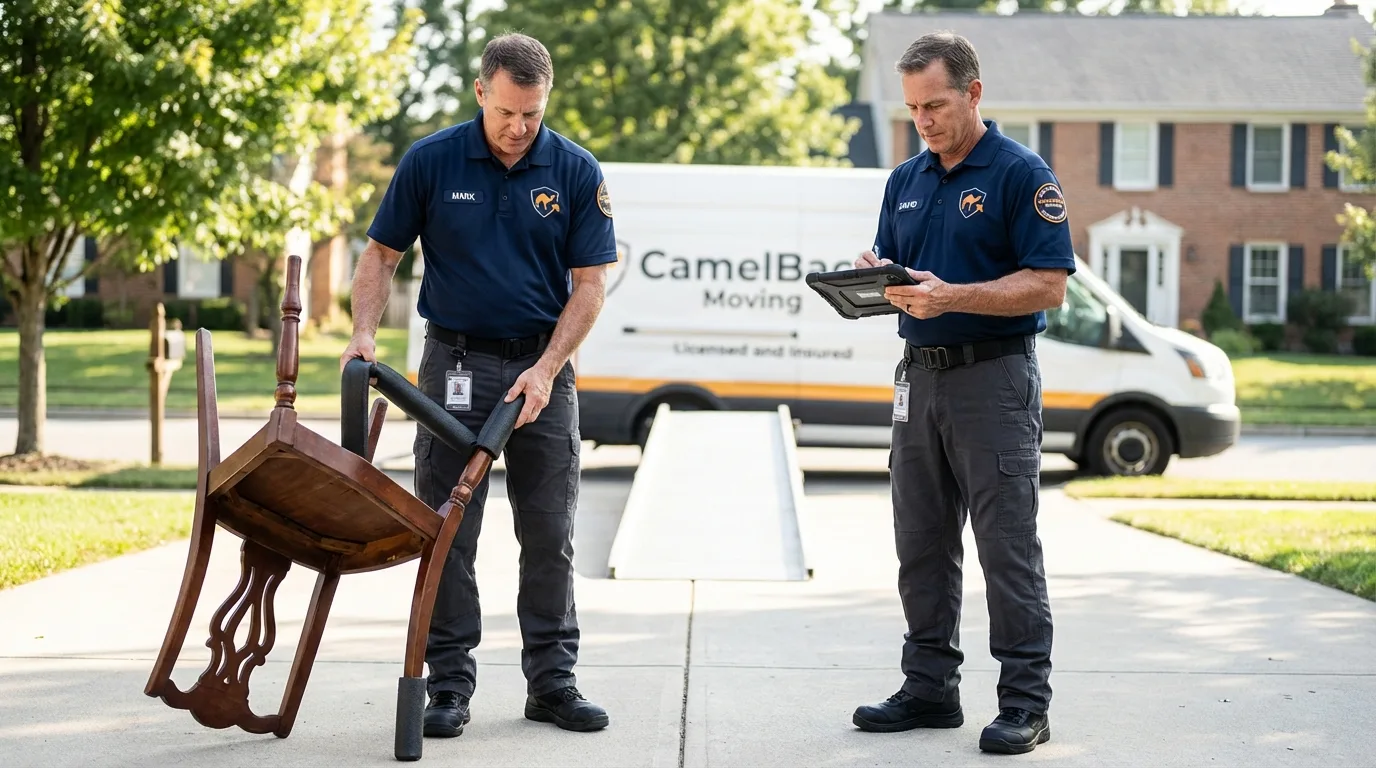 Movers inspecting furniture for damage prevention before loading in Diamond Bar, CA