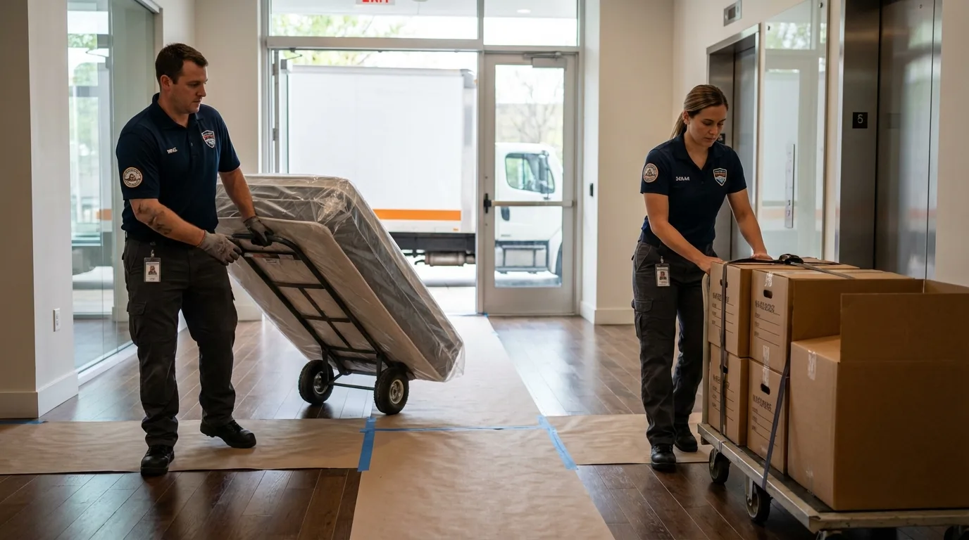 Professional apartment movers loading elevator in Diamond Bar, CA