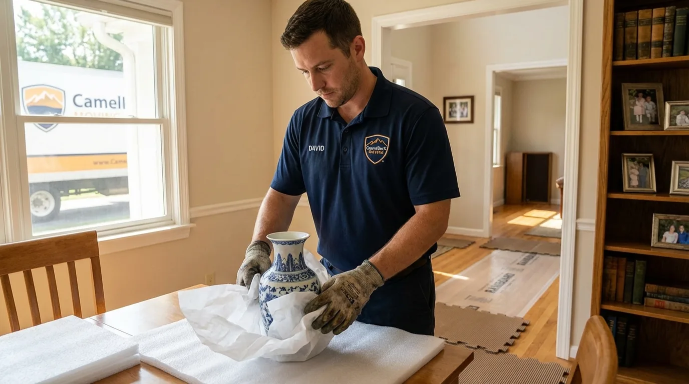 Professional crew carefully wrapping antique vase for senior downsizing move in Diamond Bar, CA